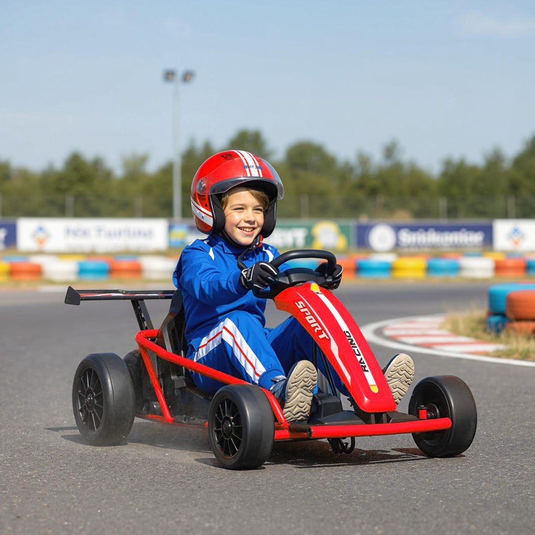 24V elektrisk gokart til kørsel og drifting, nylondæk, sikkerhedssele, horn, musik, til alderen 8-12, rød