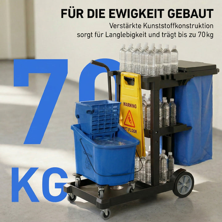 Rengøringsvogn, rullende rengøringsvogn med 3 hylder, 70-liters affaldspose, moppespand, blå