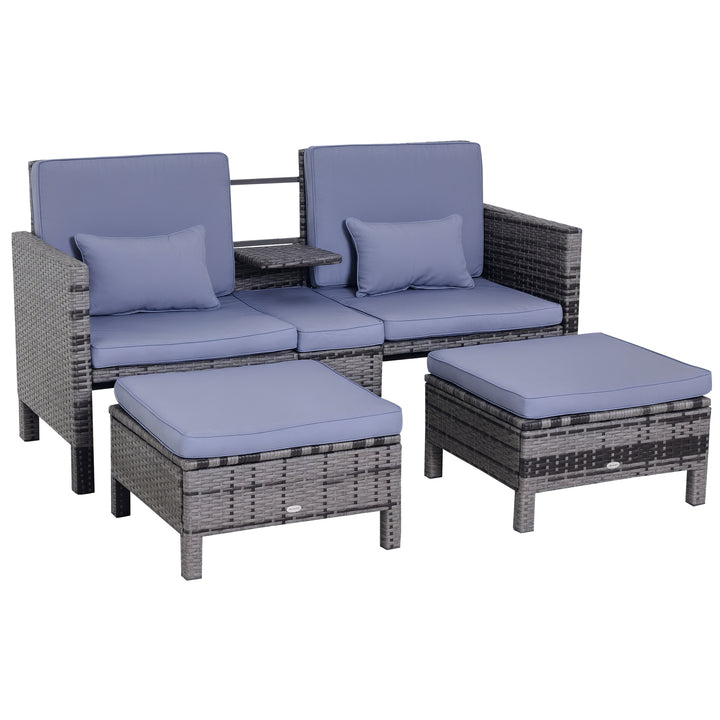 Havemøbler, 3-delt siddegruppe, udendørs sofa, 2 taburetter, 2-5 personer, sædehynder, rattan-look, grå