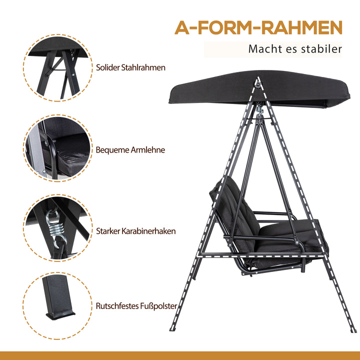 Hollywood gynge, 2-personers havegynge med justerbar baldakin, lasteevne op til 220 kg, 145 x 116 x 172 cm, sort