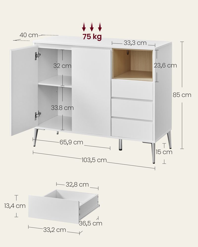 Kommode i skandinavisk stil, D40xB103,5xH85cm, hvid