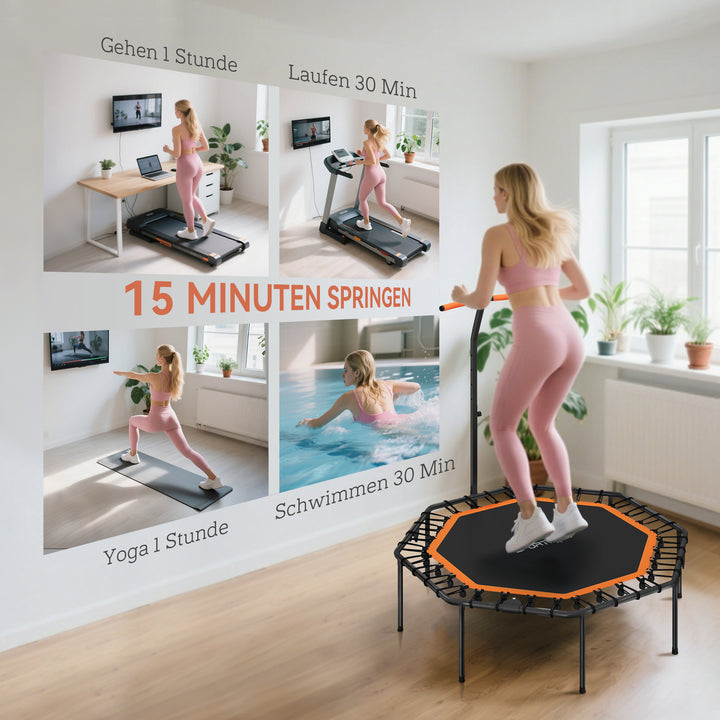 Fitnesstrampolin, træningstrampolin med justerbart håndtag, stabil og støjsvag, til indendørs brug, stål, orange