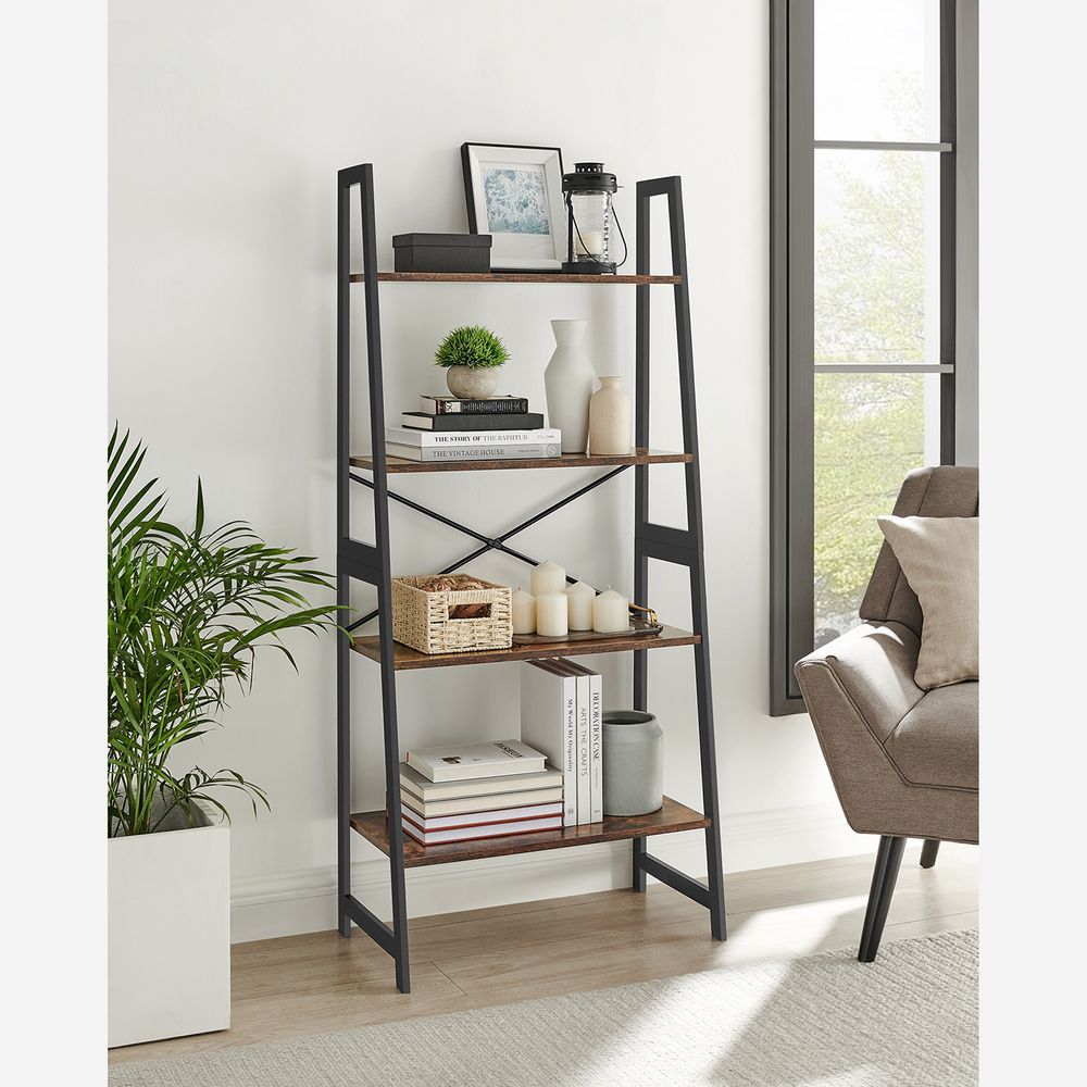 Bogreol i bambus og MDF, industrielt look, L63 x B34 x H137 cm, brun