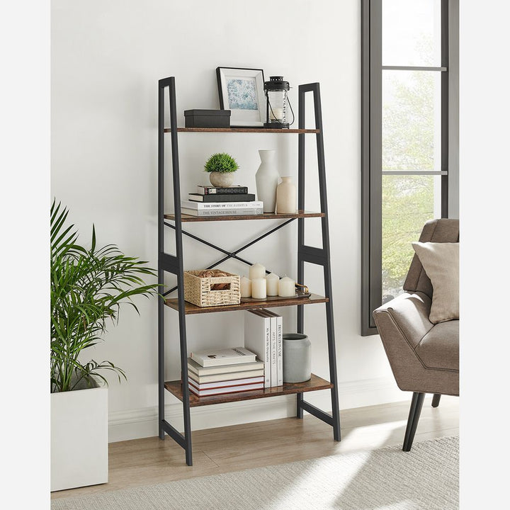 Bogreol i bambus og MDF, industrielt look, L63 x B34 x H137 cm, brun