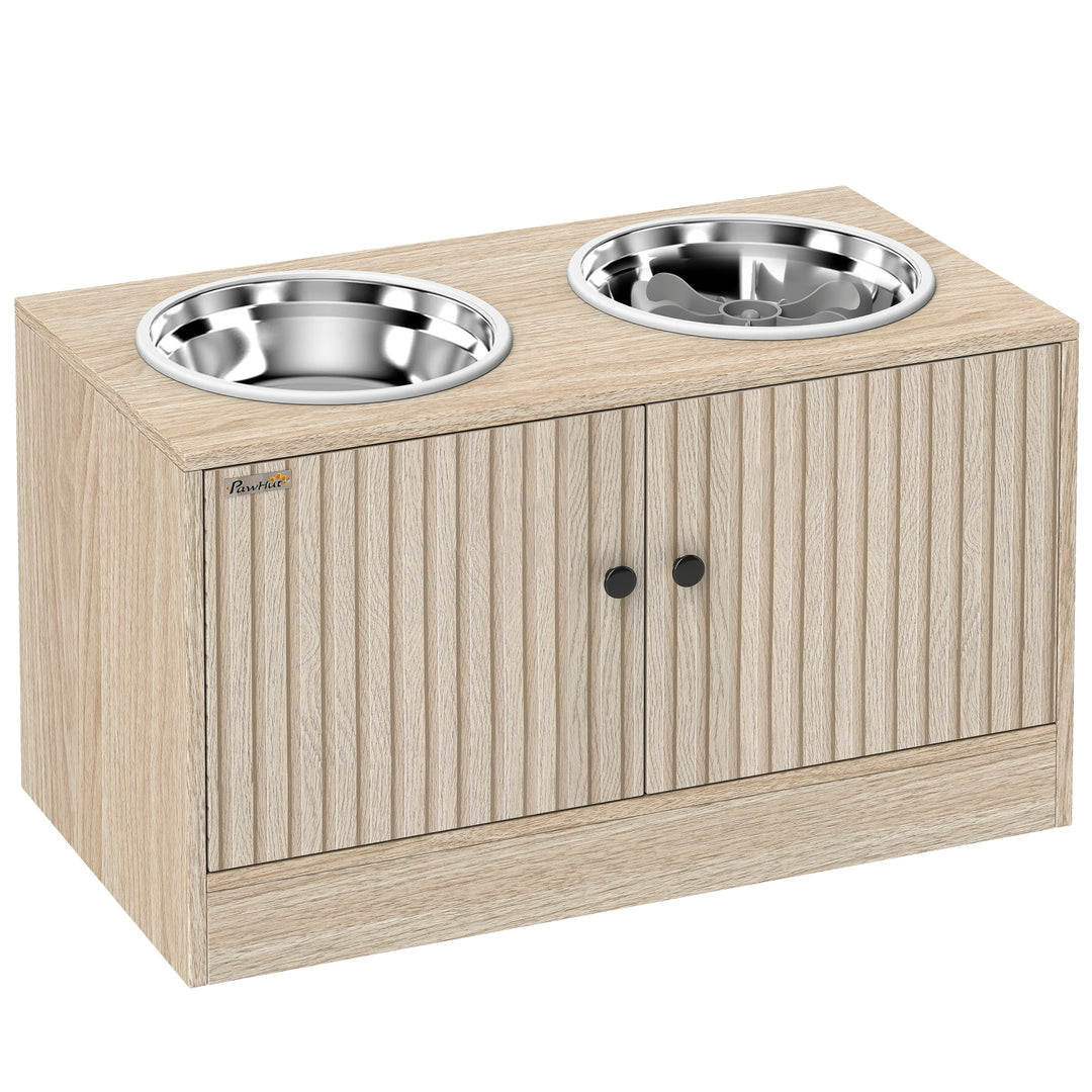 Hundefoderstation med 2 skåle i rustfrit stål, redskabsskab, til store hunde, tilbehør, træ