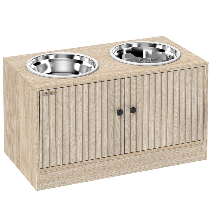Hundefoderstation med 2 skåle i rustfrit stål, redskabsskab, til store hunde, tilbehør, træ