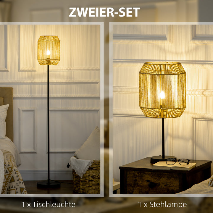 2-Delt belysningssæt. 1 gulvlampe, 1 bordlampe, 38 cm x 38 cm x 158 cm, naturlig + sort