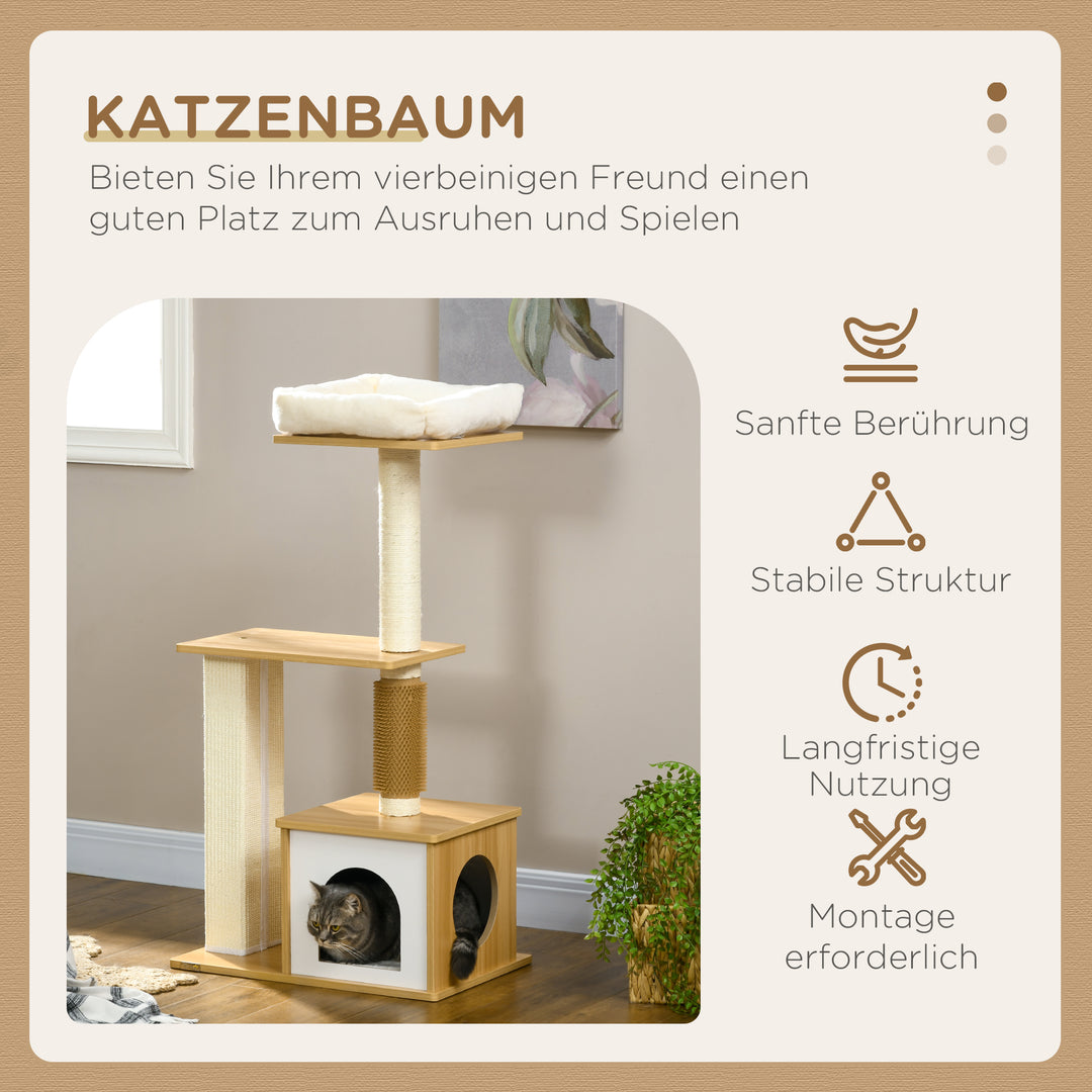 Kradsetræ med kattehule, 1 katteseng, 1 liggeflade, 59,5 cm x 39,5 cm x 114 cm, brun + hvid