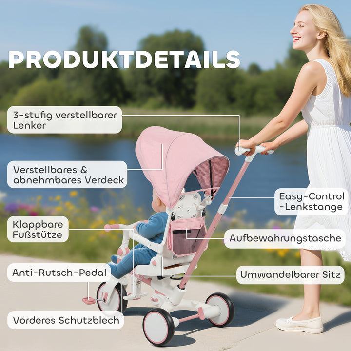 Børnetrecykel, konvertibel babyvogn, 5-i-1 design, aftageligt skubbehåndtag, justerbar, sikkerhedssele, opbevaringstaske, 1-3 år, pink