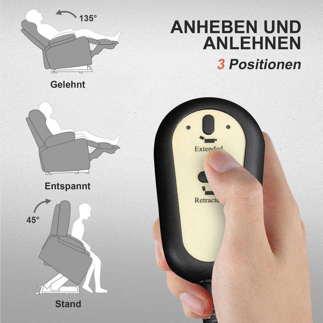 Powerlift-stol, massagestol med varmefunktion, polstret stol med fodstøtte, sidelomme, stofbetræk, mørkegrå