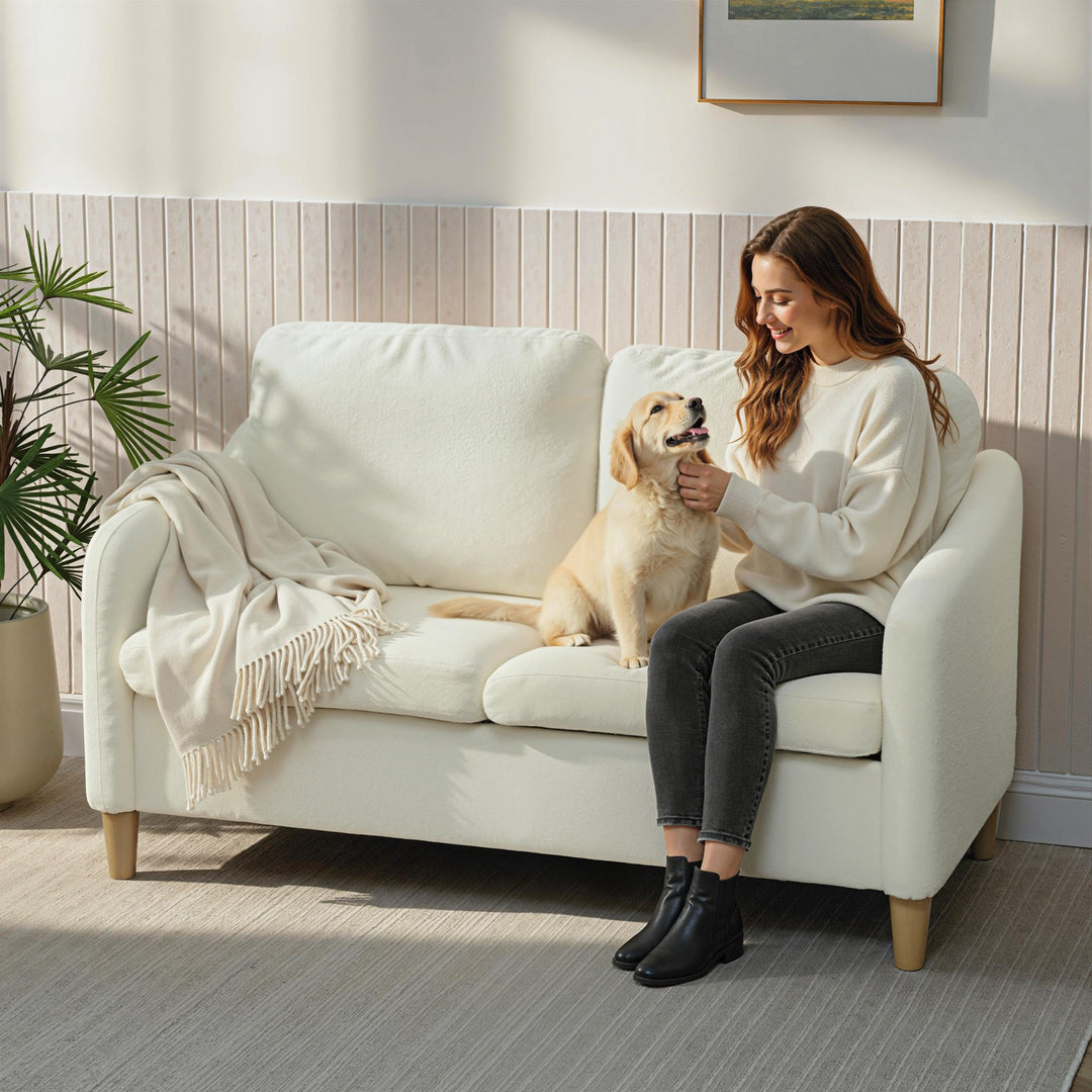2-personers sofa, lille sofa med sherpa fleece-look, 137 cm, til stuen, cremehvid