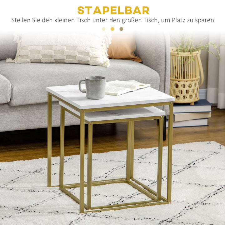 Sæt med 2 stabelbare sideborde med marmorlookplade, guld + hvid