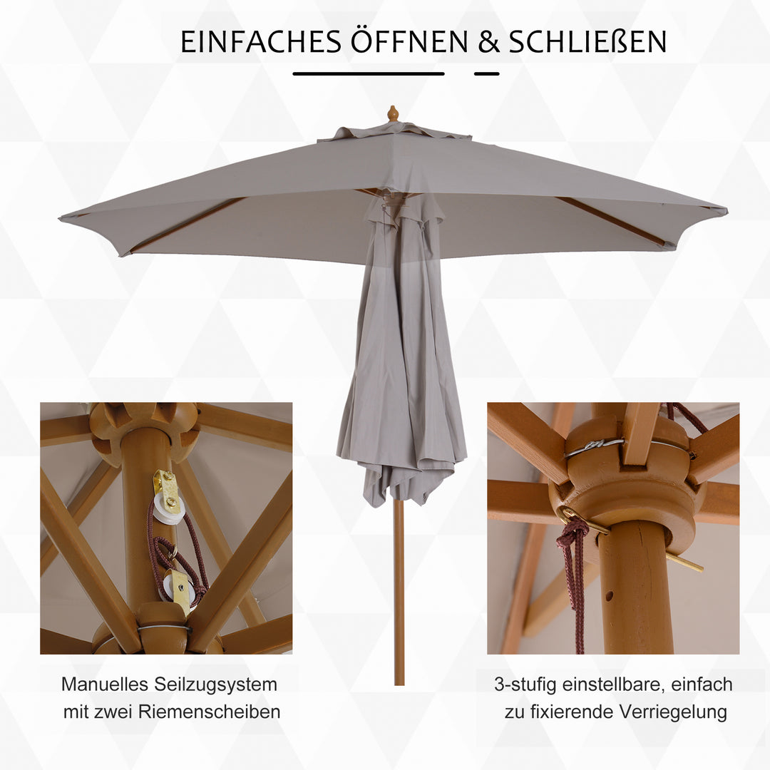 Parasol Ø 250 cm, parasol med rebtrækmekanisme, balkonparasol, strandparasol af bambus, vindtæt, markedsparasol, solskærm til balkon, terrasse, have, grå