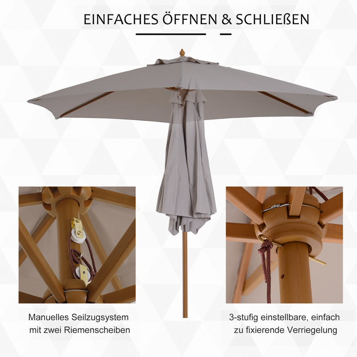 Parasol Ø 250 cm, parasol med rebtrækmekanisme, balkonparasol, strandparasol af bambus, vindtæt, markedsparasol, solskærm til balkon, terrasse, have, grå