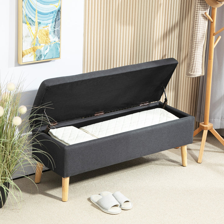 Polstret bænk med opbevaring, sengebænk i linnedlook, gummitræ, 110 x 39 x 45 cm, mørkegrå