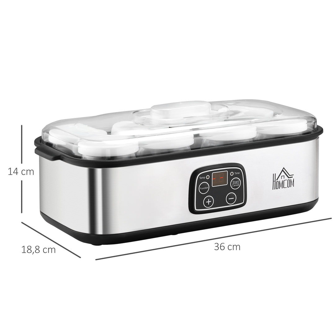 Græsk yoghurtmaskine med låg, 8 BPA-fri glasbeholdere (180 ml hver), med LCD-display og timer, til op til 1,4 liter yoghurt, 25 W, sølv
