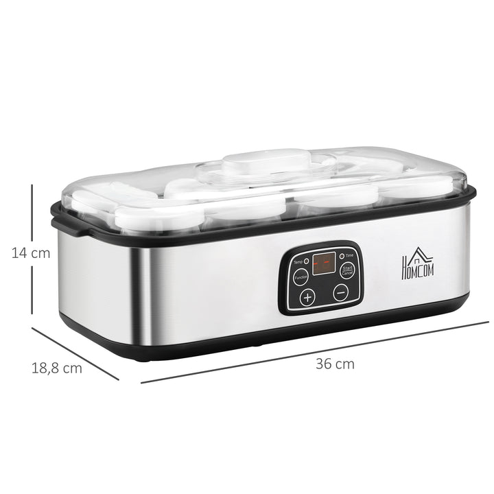 Græsk yoghurtmaskine med låg, 8 BPA-fri glasbeholdere (180 ml hver), med LCD-display og timer, til op til 1,4 liter yoghurt, 25 W, sølv