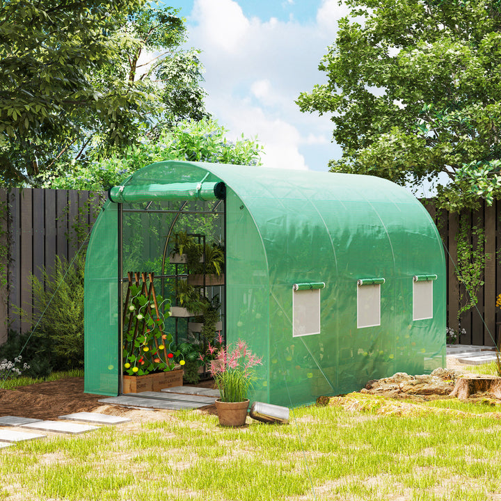 Polytunnel drivhus med plastikdæksel og stålramme, walk-in drivhustelt med rulledøre, grøn