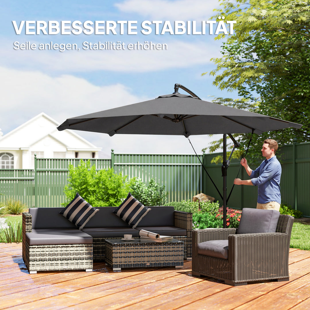 Fritstående parasol ca. Ø300 cm, vipbar, med håndsving, krydsfod, vindreb, beskyttelsesovertræk, mørkegrå