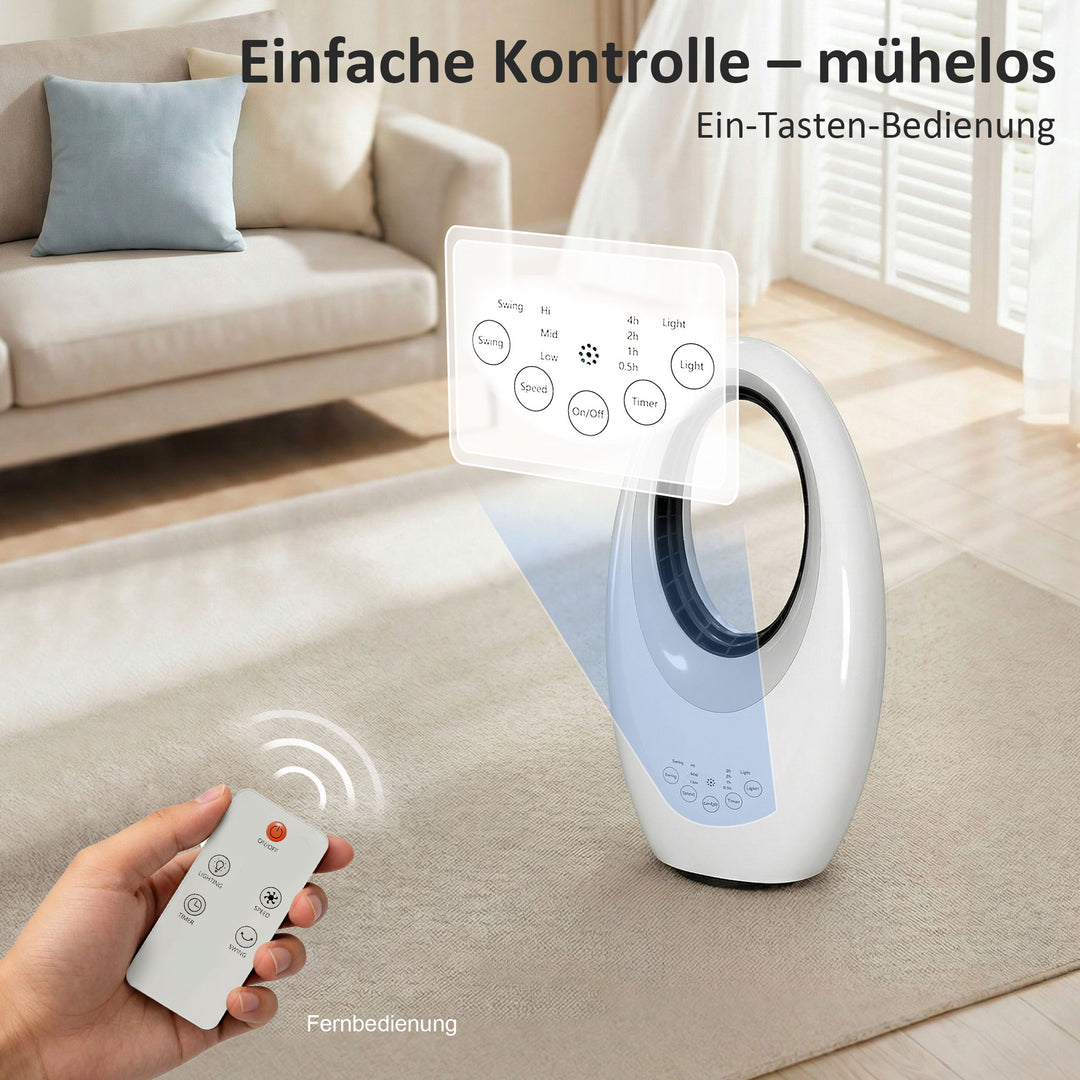 Tårnventilator uden rotorblade, støjsvag ventilator med 60° oscillation, LED-belysning, 3 hastigheder, 7,5 timer