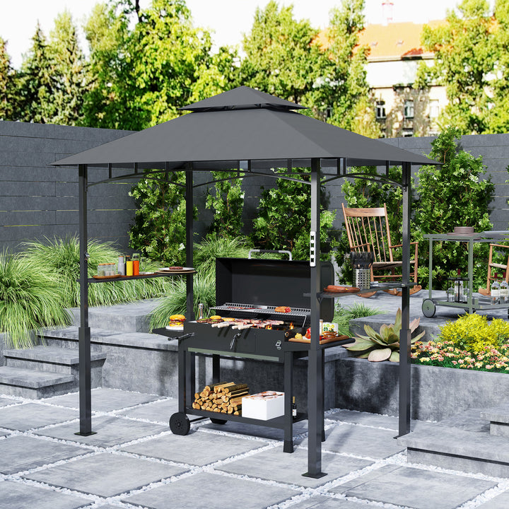 Grillpavillon, havegrilltelt med krydderirækker, LED-belysning, metal, plastik, 243L x 148B x 248H cm, grå