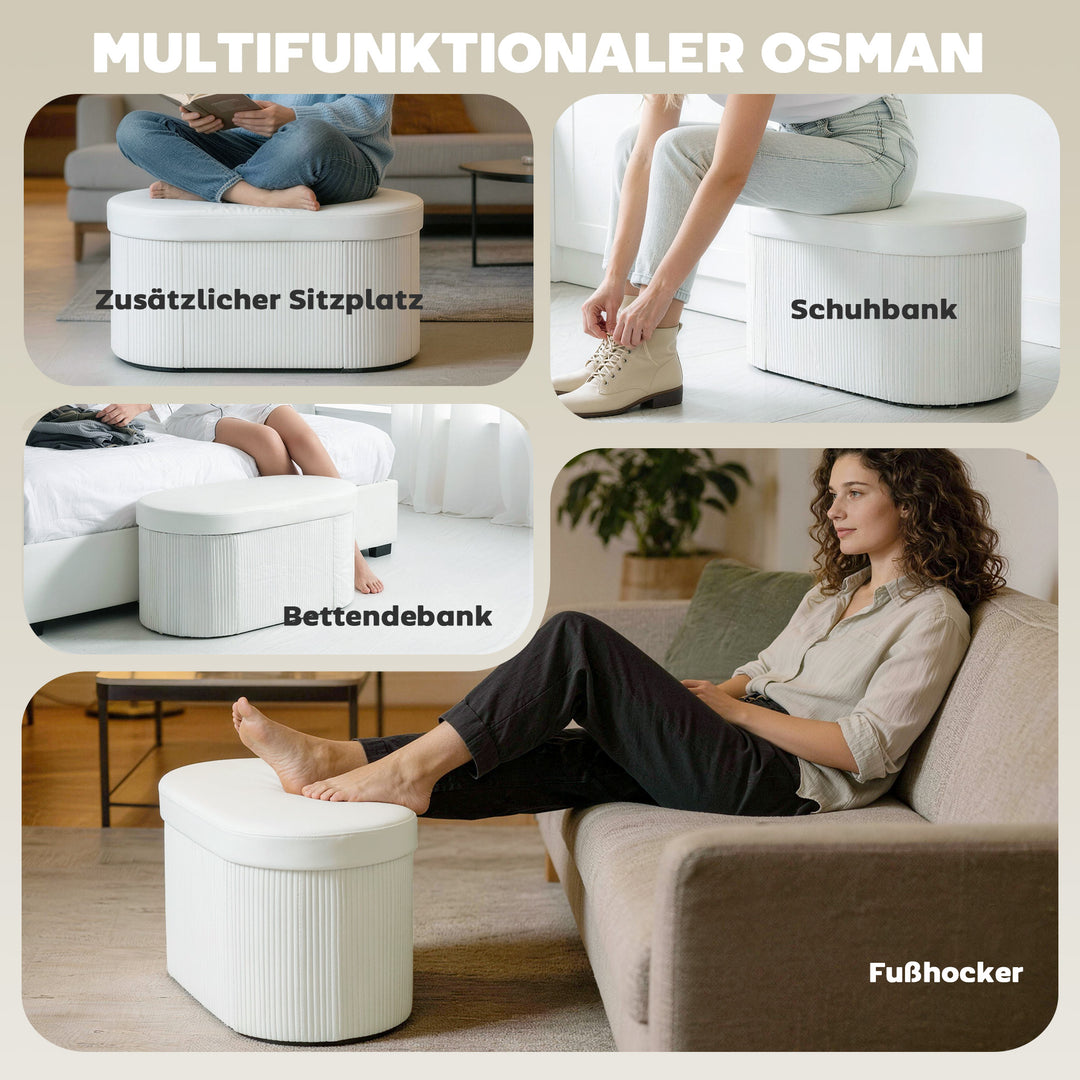 Sammenklappelig opbevaringsbænk med fløjlslook, egnet til stue, 76 x 38 x 35 cm, cremefarvet