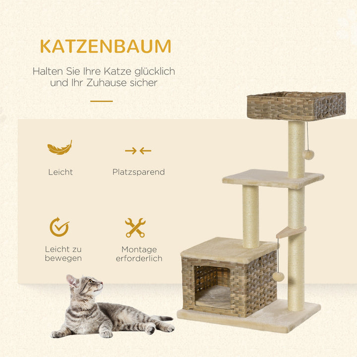 Rattan kradsetræ til katte, kradsetræ til killinger med kattehulebold, sisal, blødt plys, pe, højde 108 cm, brun+beige
