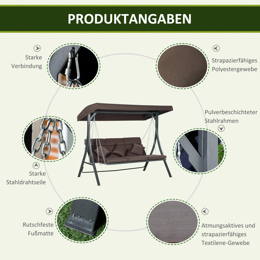 3-Personers gynge med justerbar baldakin, op til 270 kg, brun, 198 x 118 x 168 cm