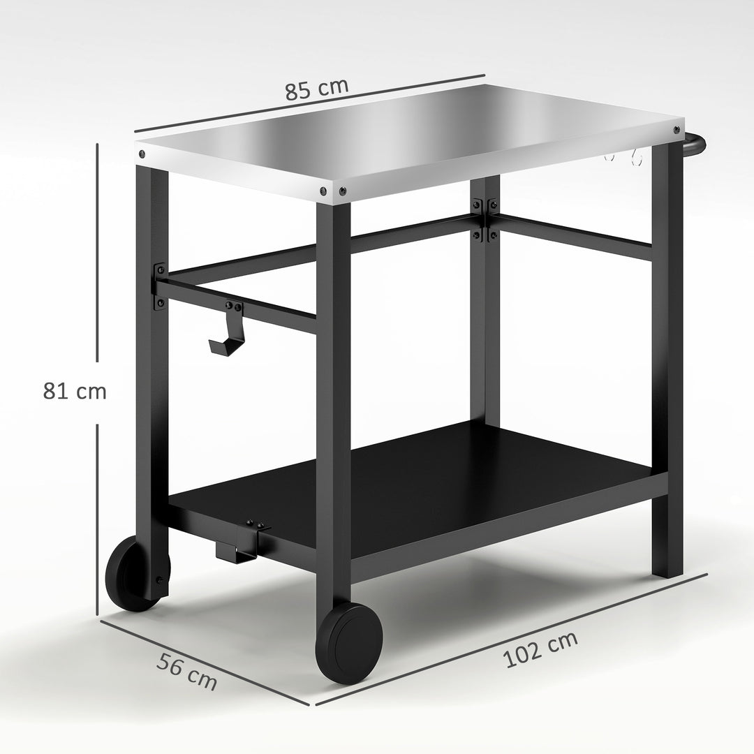 Grillvogn, serveringsvogn med 2 niveauer, arbejdsflade, hylder, kroge, hjul, rustfrit stål, 102 x 56 x 81 cm