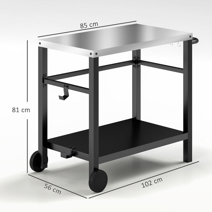 Grillvogn, serveringsvogn med 2 niveauer, arbejdsflade, hylder, kroge, hjul, rustfrit stål, 102 x 56 x 81 cm