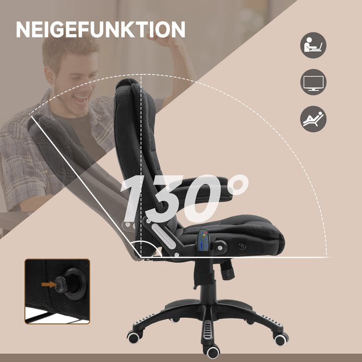 Kontorstol med vibrationsmassage, ergonomisk skrivebordsstol med varme- og lænefunktion, højdejusterbar lederstol med fjernbetjening, sidelomme, linnedlook, sort