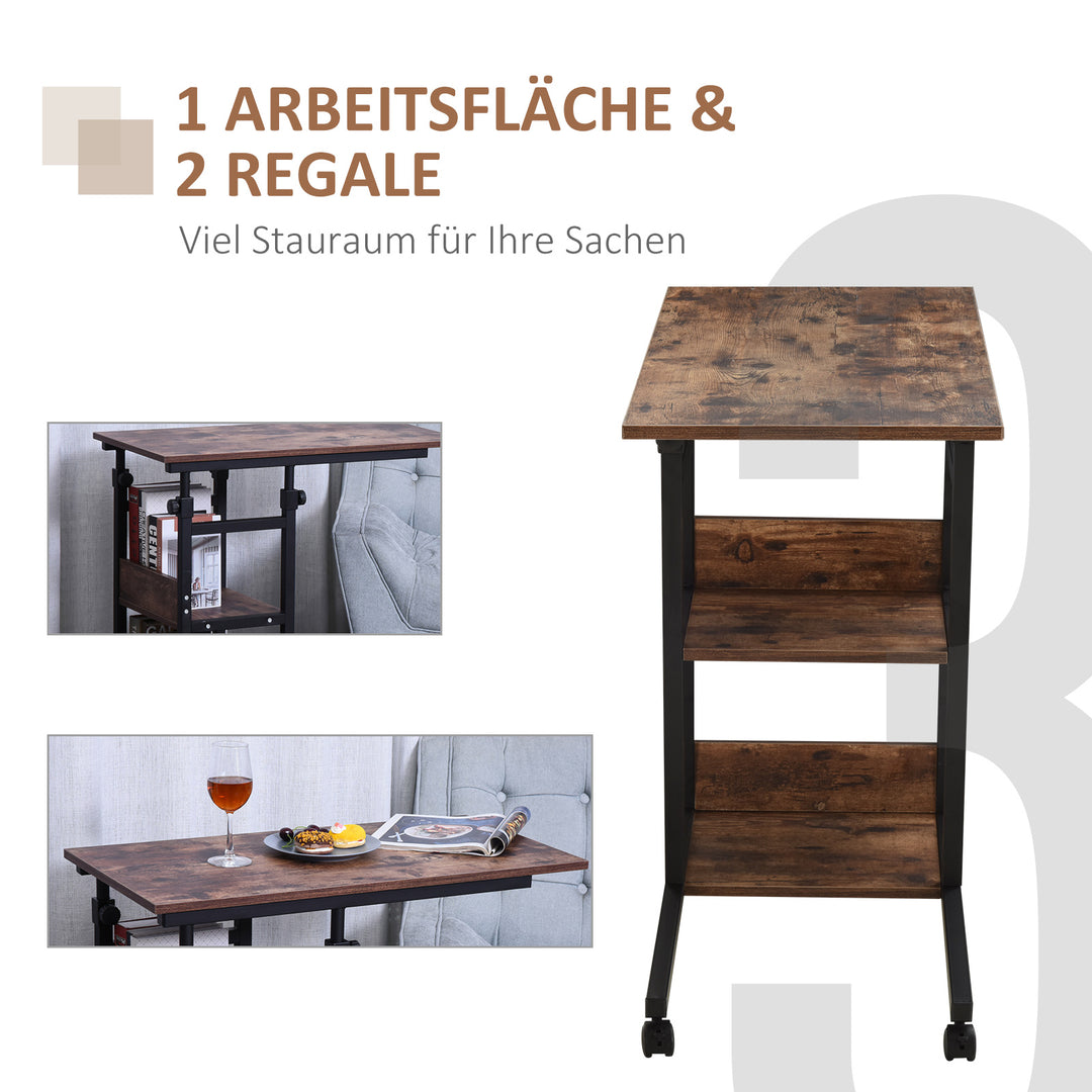 Sidebord med hjul, højdejusterbart, kompakt, 2 hylder, metalstel, 80x40x72-82 cm, brun/sort