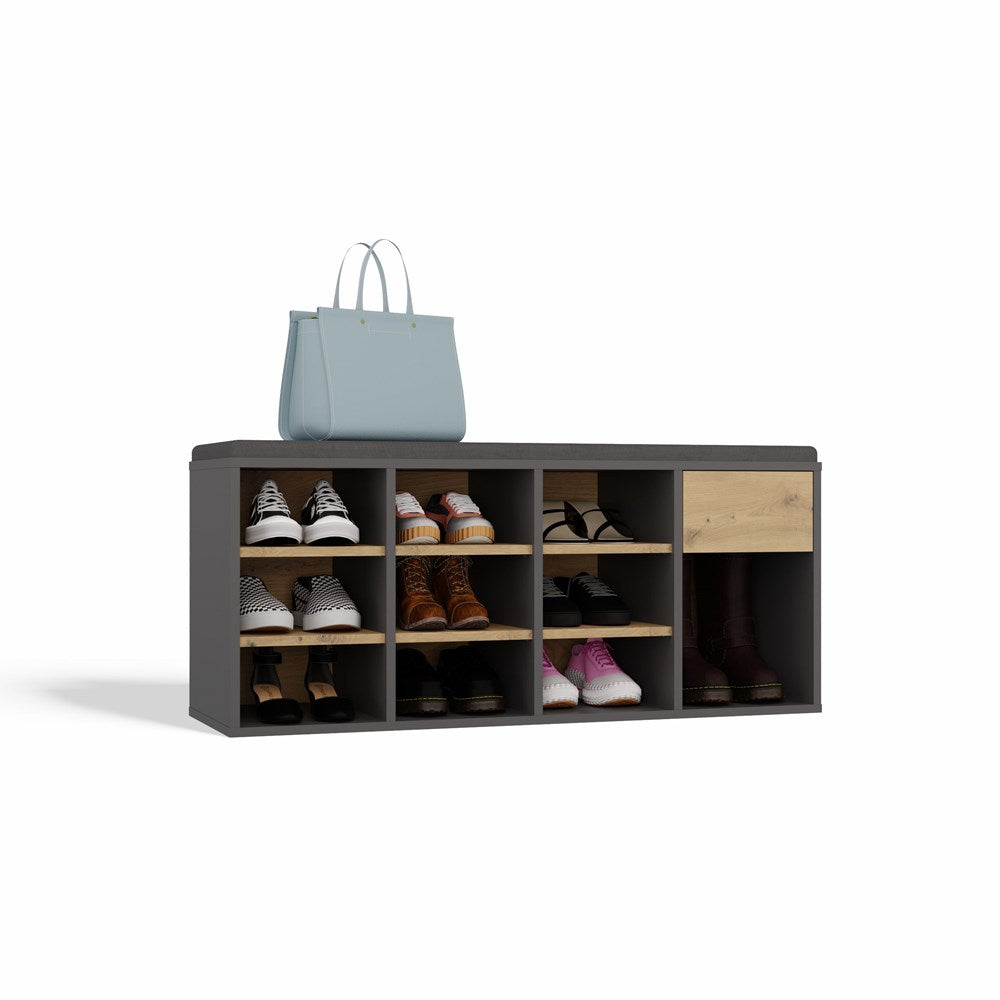Åben skobænk med skuffe, antracit og naturfarvet