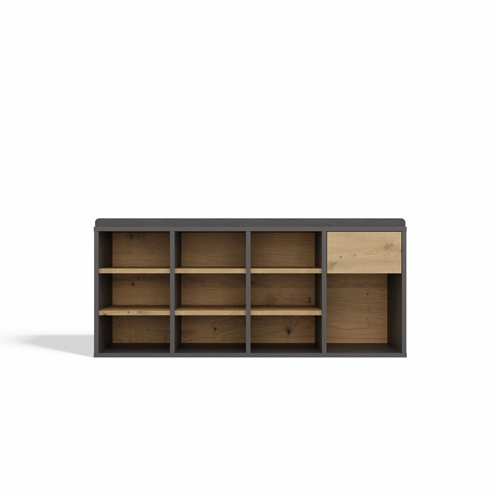 Åben skobænk med skuffe, antracit og naturfarvet