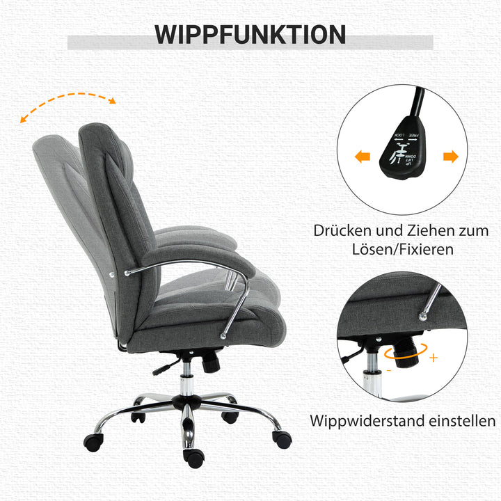 Kontorstol med gyngefunktion, ergonomisk stol med polstrede armlæn og nakkestøtte, højdejusterbar kontorstol, drejestol med ryglæn, nylon grå, 65 x 78 x 110-118 cm