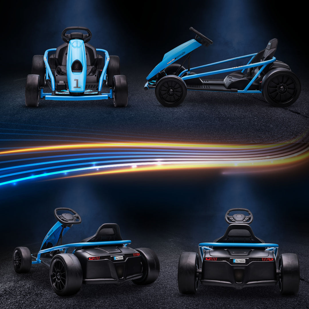 Elektrisk gokart til børn, driftfunktion, horn, musik, sikkerhedssele, blød start, blå/sort