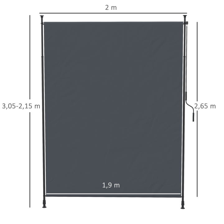 Sidemarkise, borefri montering, højdejusterbar, med håndsving, metalramme, grå, 2 x 2,15-3,05 m
