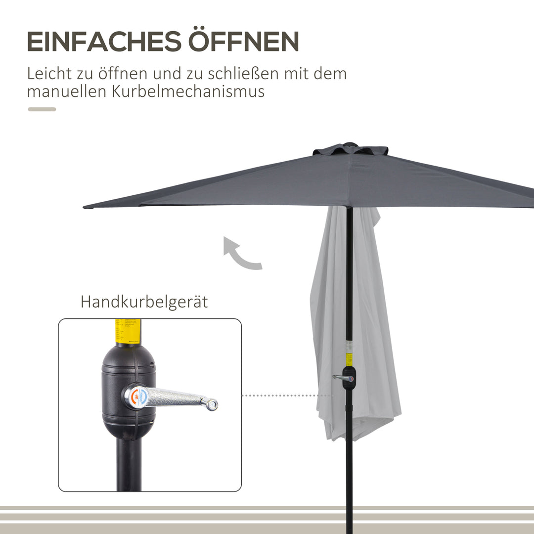 Parasol med håndsvingmekanisme, haveparasol, markedsparasol, metal, halvrund, grå og sort