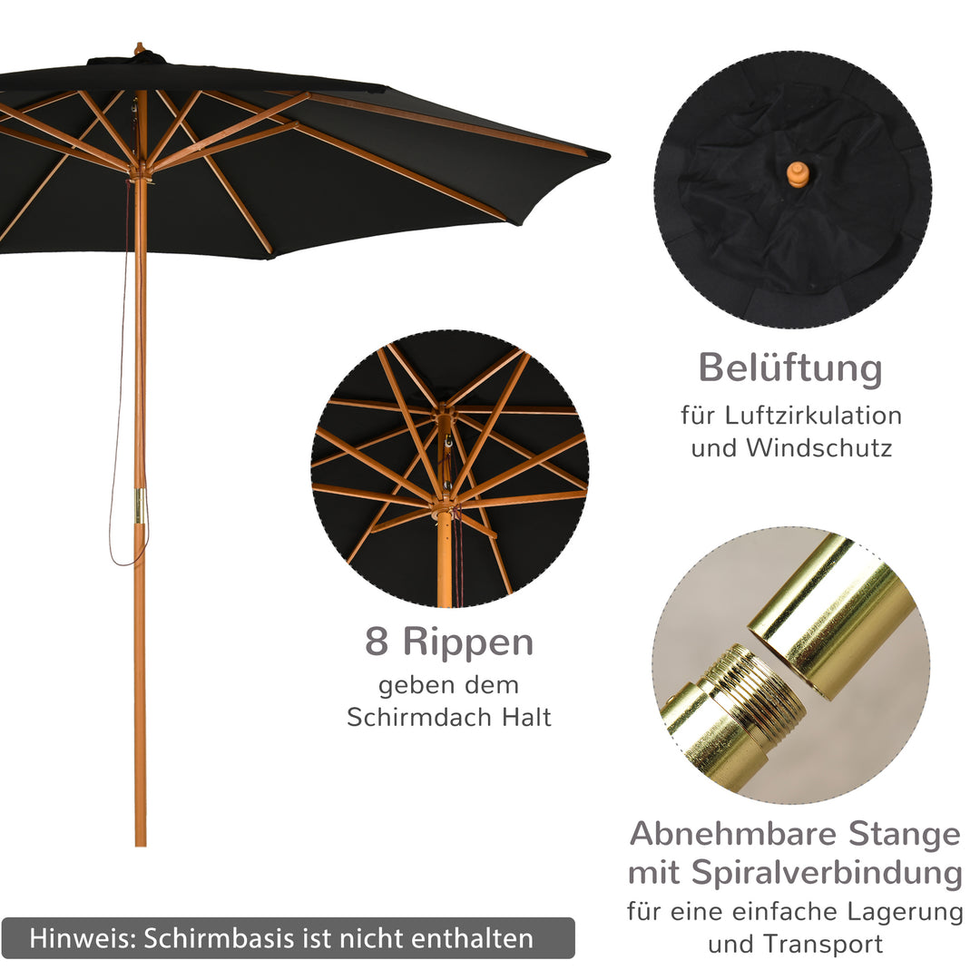 Parasol Ø 300 cm, parasol med UV-beskyttelse, træparasol til balkon, stabil strandparasol, markedsparasol, solbeskyttelse til strand, terrasse, have, sort
