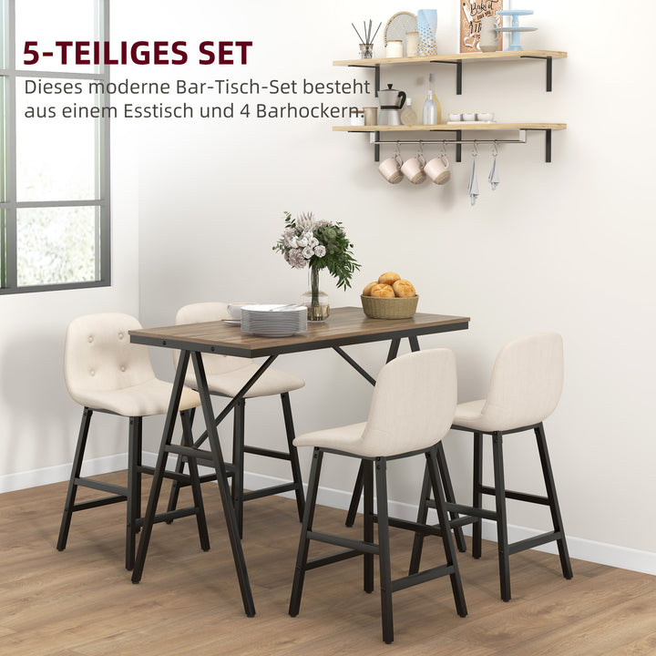 5-Delt barsæt, bord og 4 stole, knapsyninger, tyk polstring, linnedlook, beige