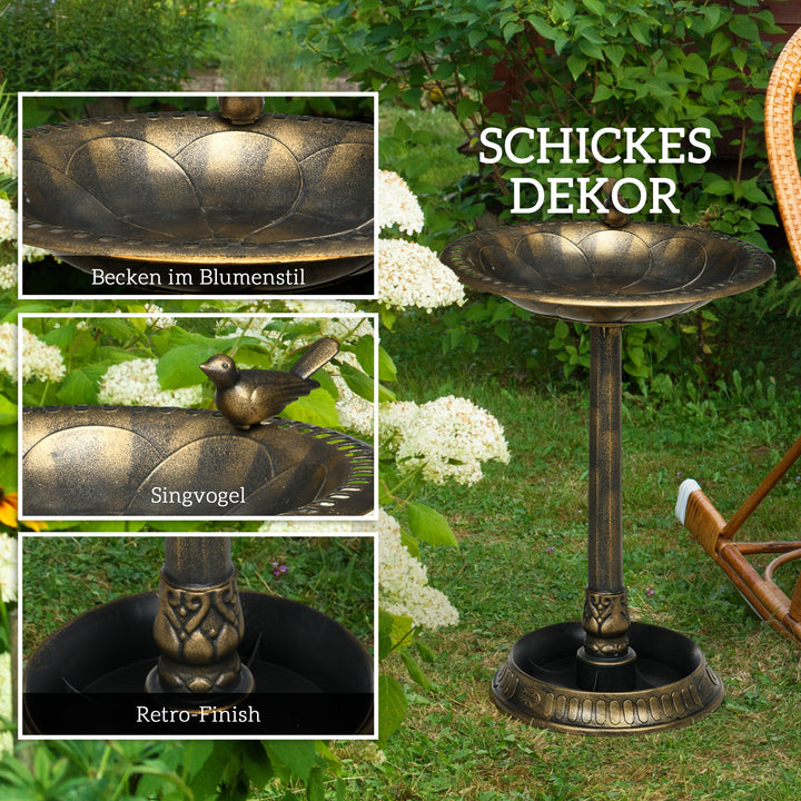 Fuglebad med statue, blomstermønster, 2 bassiner, plastik, antikt look, 50B x 72H cm, bronzefarvet