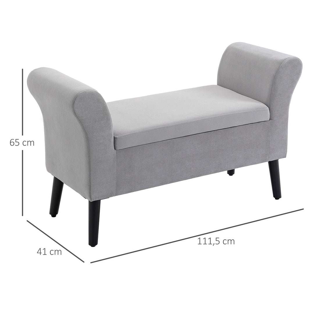 Polstret bænk med opbevaringsplads, kommodebænk med armlæn, 46 cm sædehøjde, fløjlspolyester, 111,5 x 41 x 65 cm, lysegrå