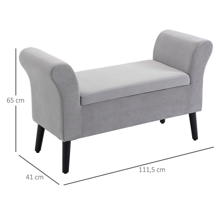 Polstret bænk med opbevaringsplads, kommodebænk med armlæn, 46 cm sædehøjde, fløjlspolyester, 111,5 x 41 x 65 cm, lysegrå