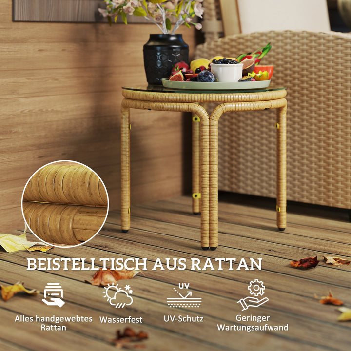 Sidebord lavet af polyrattan rundt sofabord med glasbordplade natbord ø50 cm gul