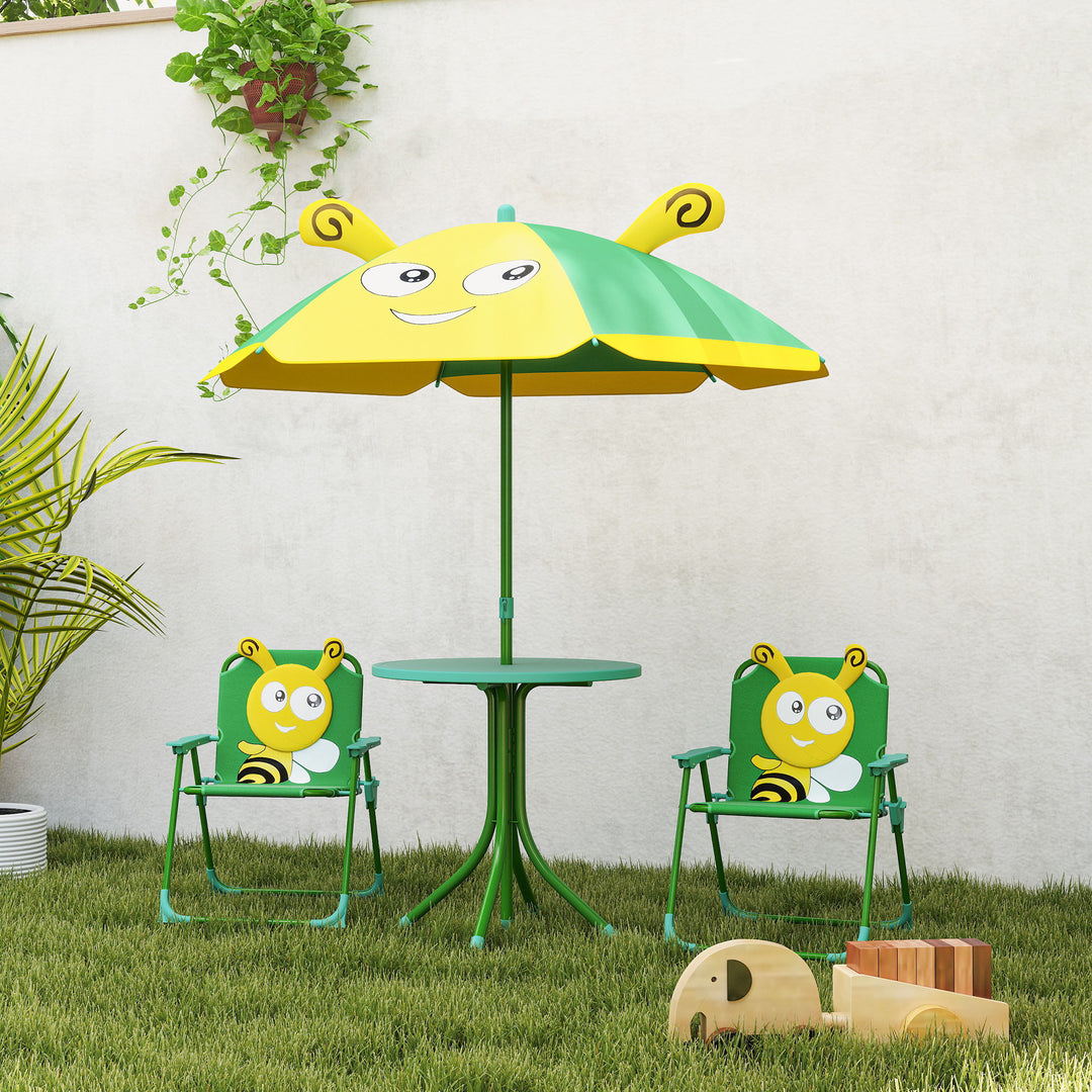 Børnehavemøbelsæt, stole, bord, parasol, bidesign, grøn+gul