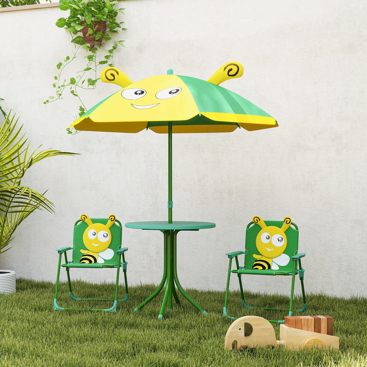 Børnehavemøbelsæt, stole, bord, parasol, bidesign, grøn+gul