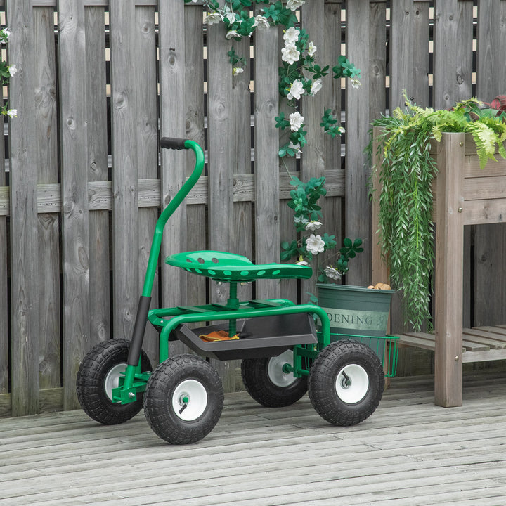 Havevogn med rullesæde (op til 150 kg) med opbevaringskurv til små haveredskaber, mobil værkstedsvogn, styrbart havesæde, sædehøjdejusterbar fra 46-59 cm, metal, gummi, grøn