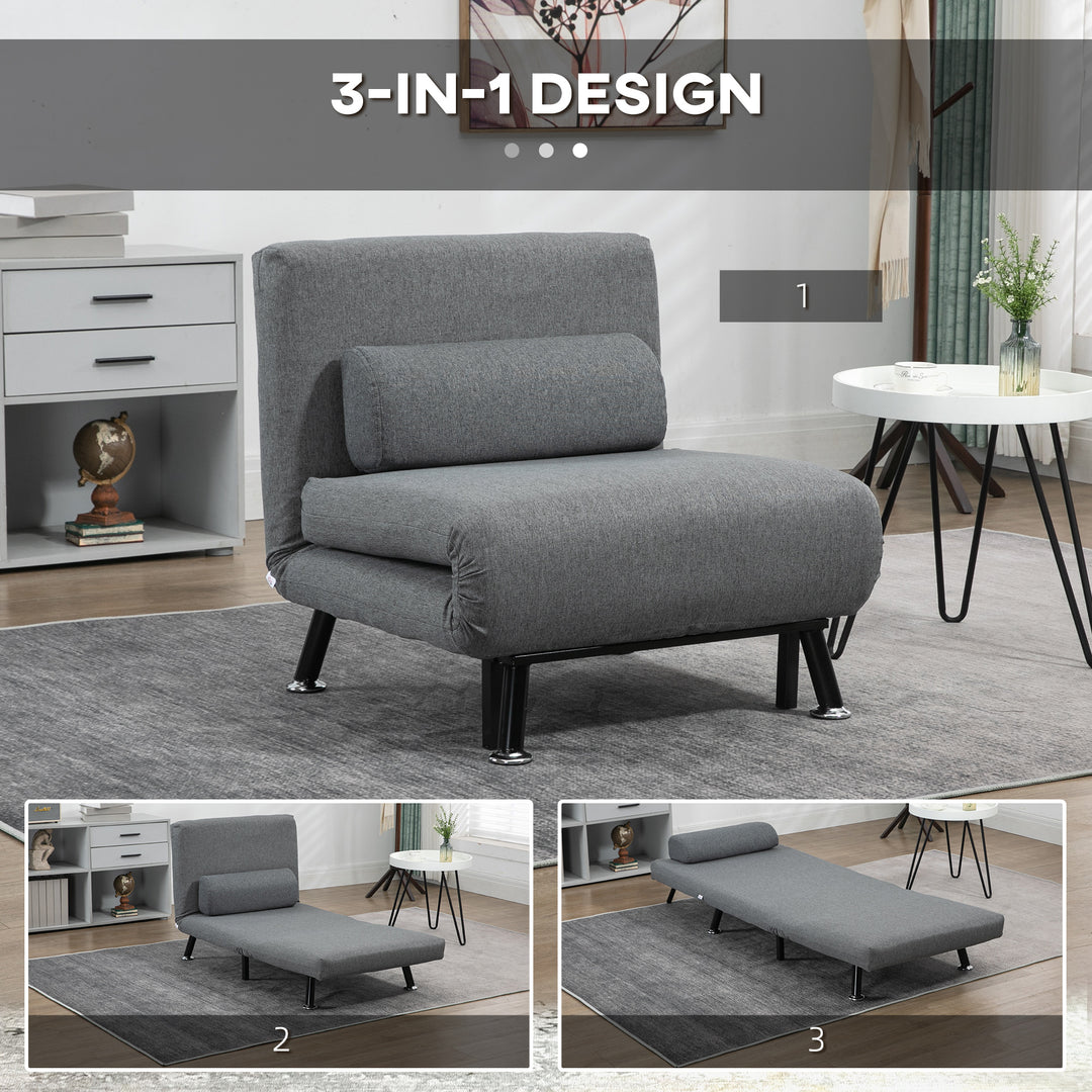 Stol med sengefunktion, foldbar afslapningsstol i linnedlook, justerbar ryglæn, 75 x 70 x 75 cm, mørkegrå
