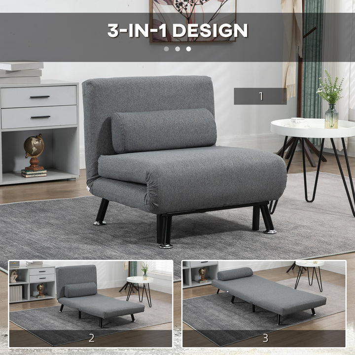 Stol med sengefunktion, foldbar afslapningsstol i linnedlook, justerbar ryglæn, 75 x 70 x 75 cm, mørkegrå