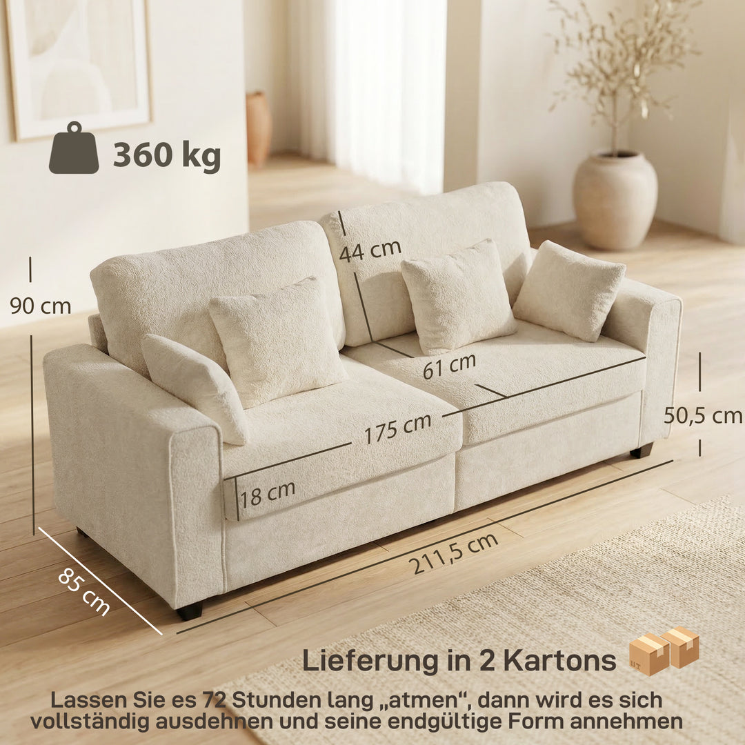 Beige 3-personers sofa med Raindrop-fløjlsbetræk, dybt sæde, fjerpuder, brede armlæn og 4 hynder